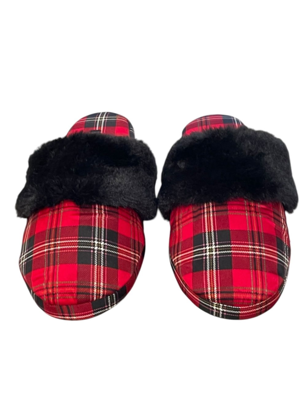 Victoria's Secret Womens Large 9 10 Plaid Slippers Satin Faux Fur Trim Holiday